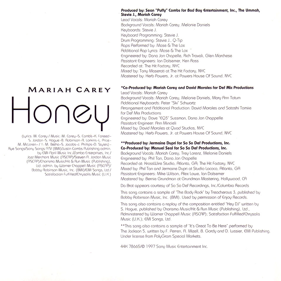 Cartula Interior Frontal de Mariah Carey - Honey (Cd Single)