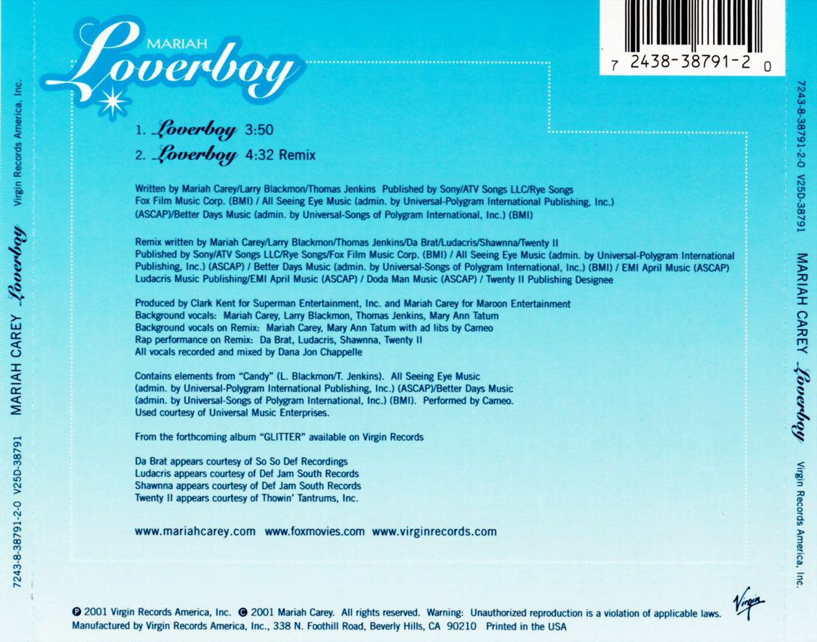 Cartula Trasera de Mariah Carey - Loverboy (Cd Single)