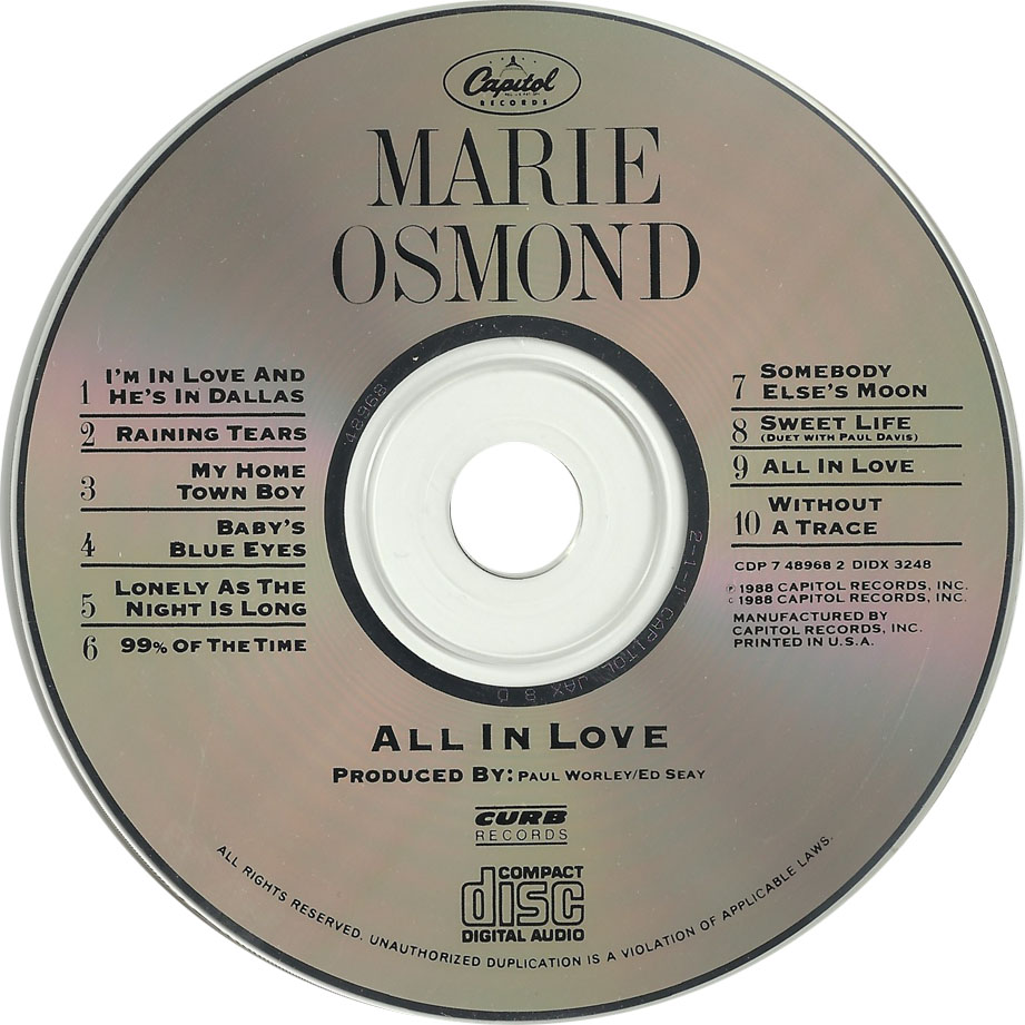 Cartula Cd de Marie Osmond - All In Love