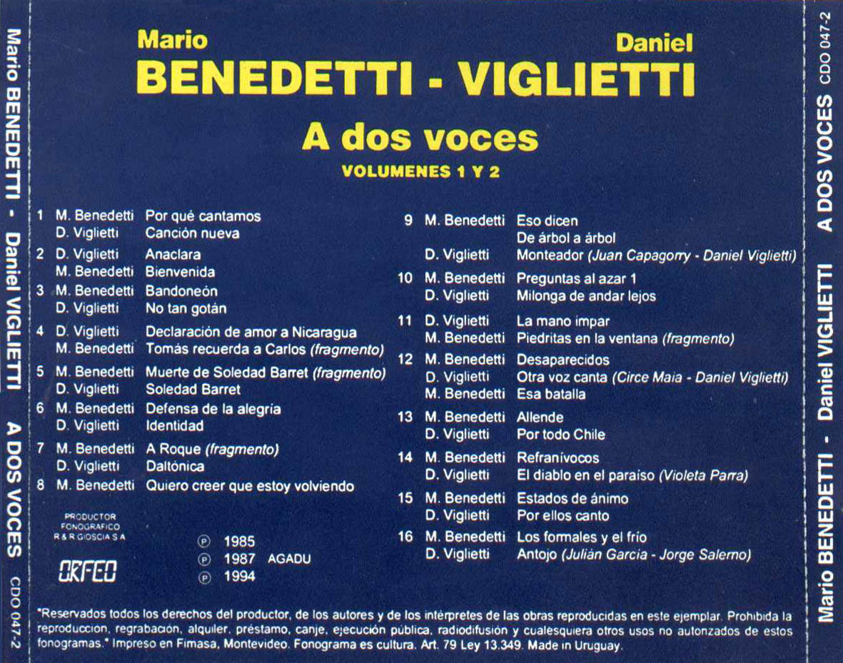 Cartula Trasera de Mario Benedetti - Daniel Viglietti - A Dos Voces