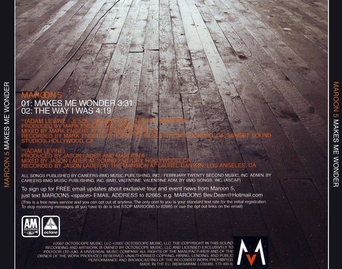 Carátula Trasera de Maroon 5 - Makes Me Wonder (Cd Single)