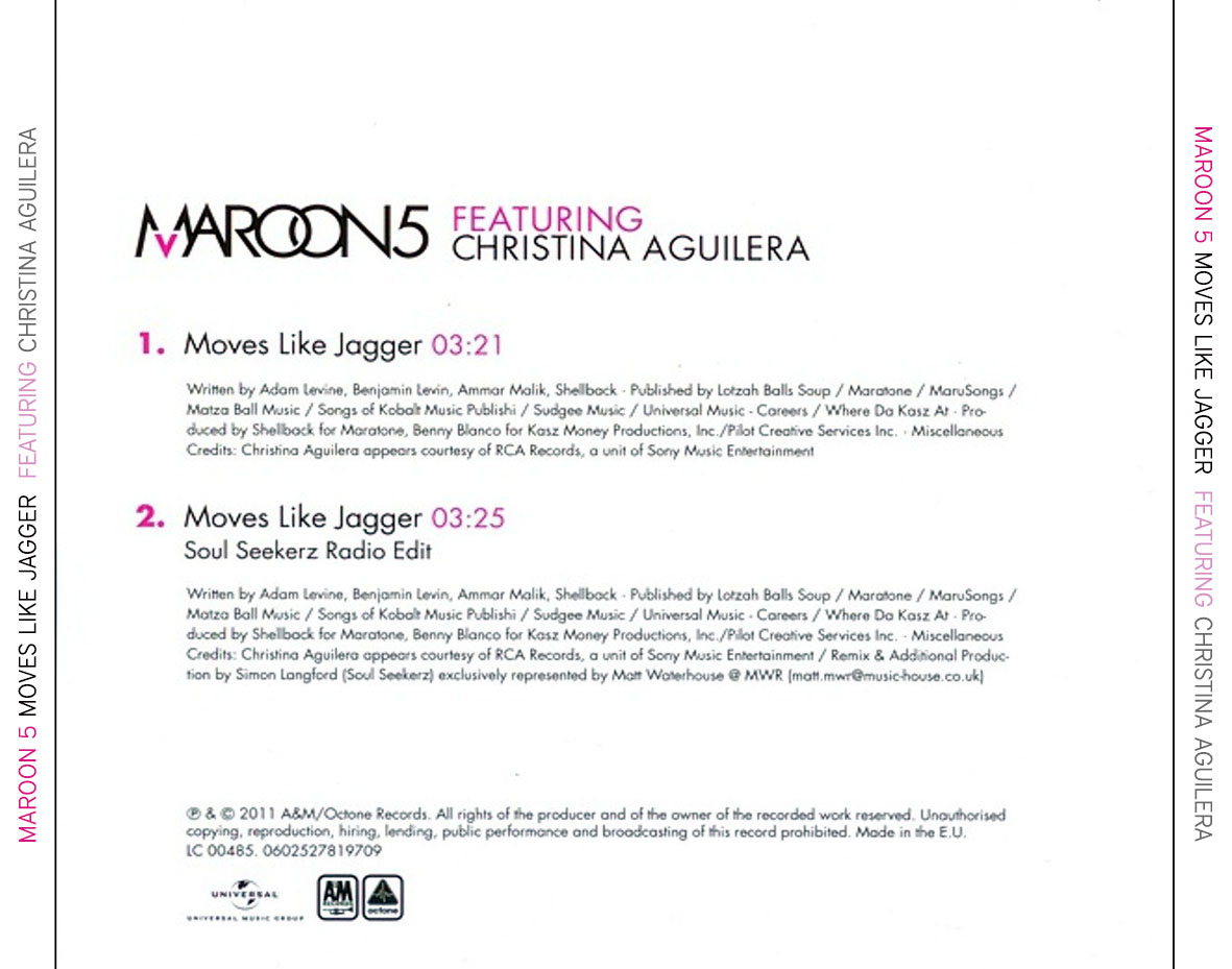 Carátula Trasera de Maroon 5 - Moves Like Jagger (Featuring Christina Aguilera) (Cd Single)