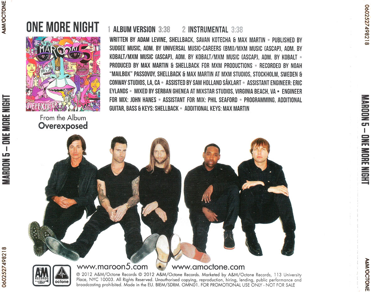 Carátula Trasera de Maroon 5 - One More Night (Cd Single)
