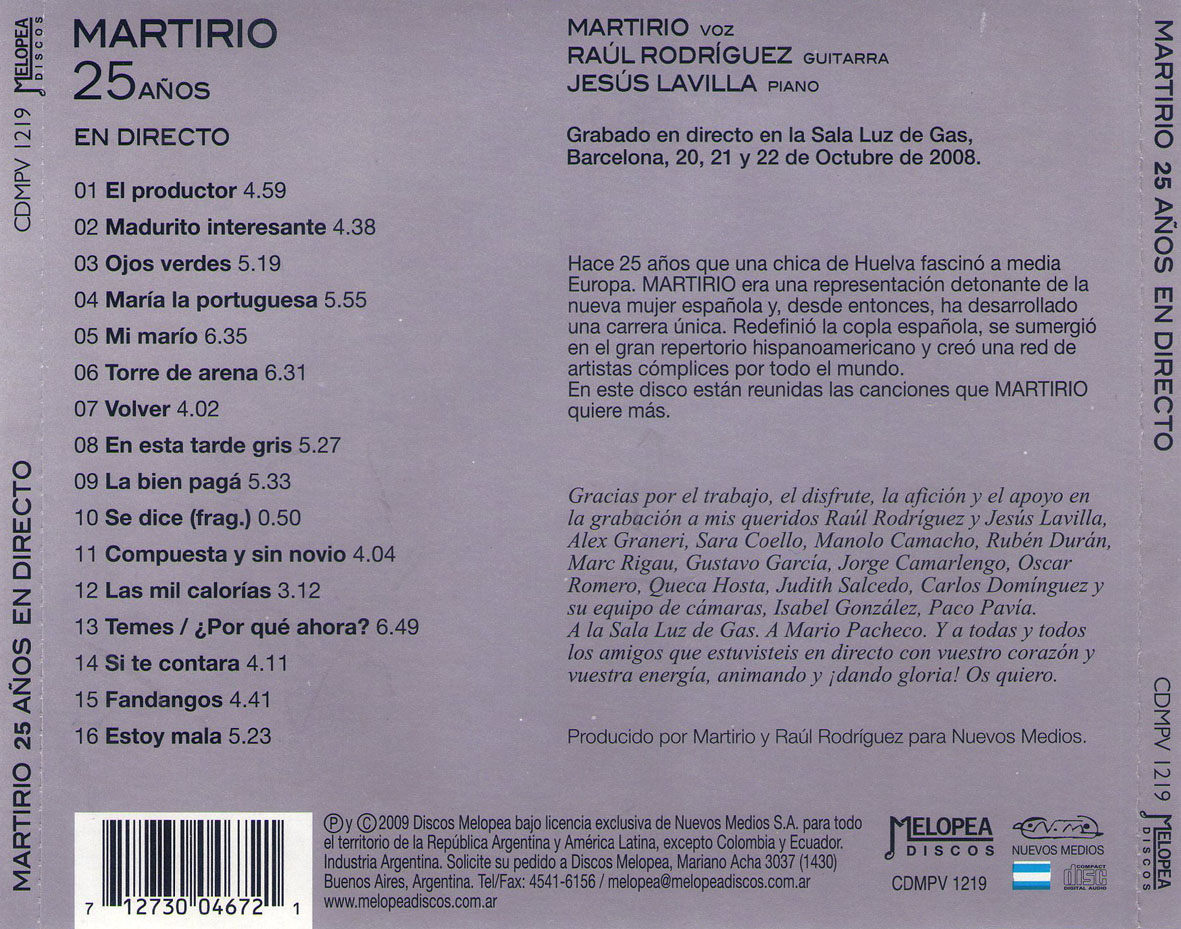 Cartula Trasera de Martirio - 25 Aos En Directo