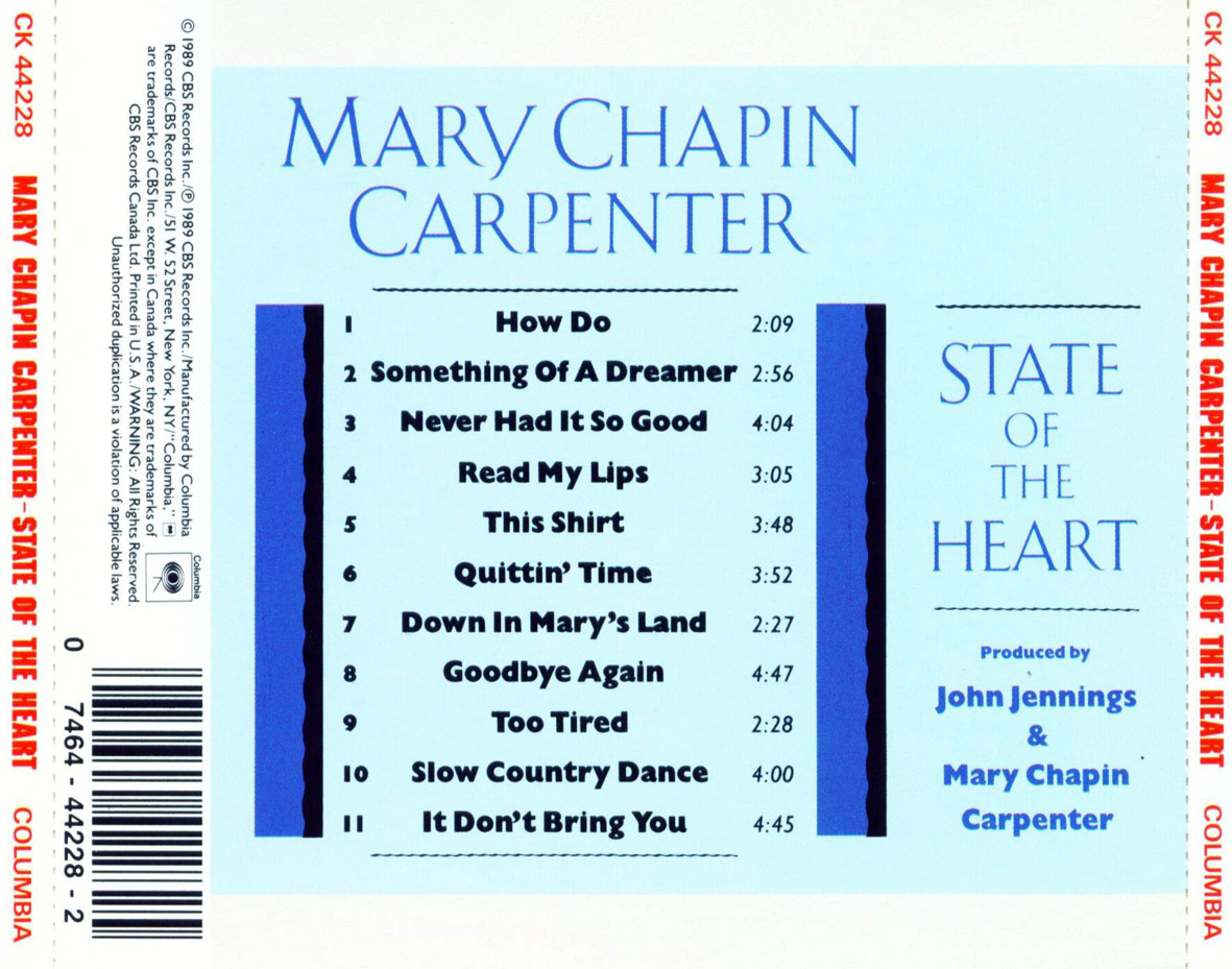 Cartula Trasera de Mary Chapin Carpenter - State Of The Heart