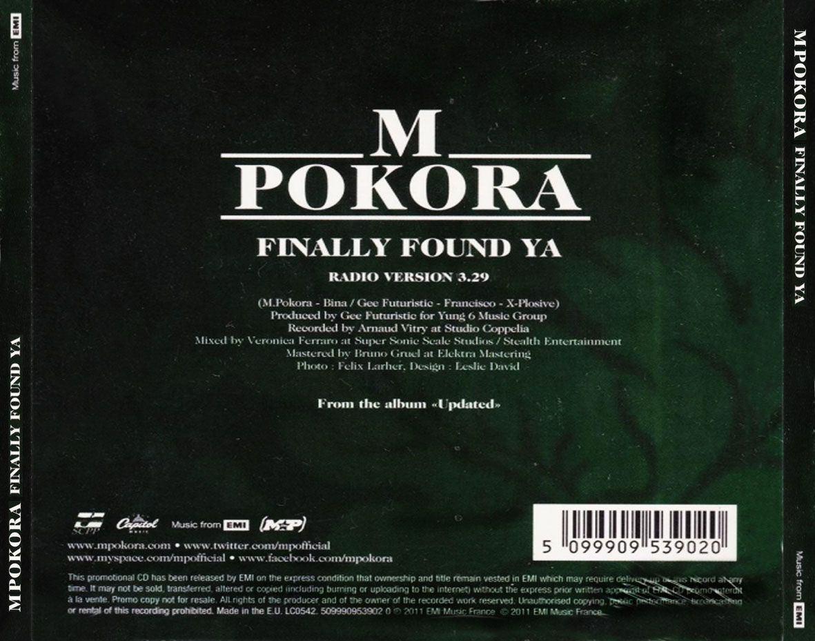 Cartula Trasera de Matt Pokora - Finally Found Ya (Cd Single)