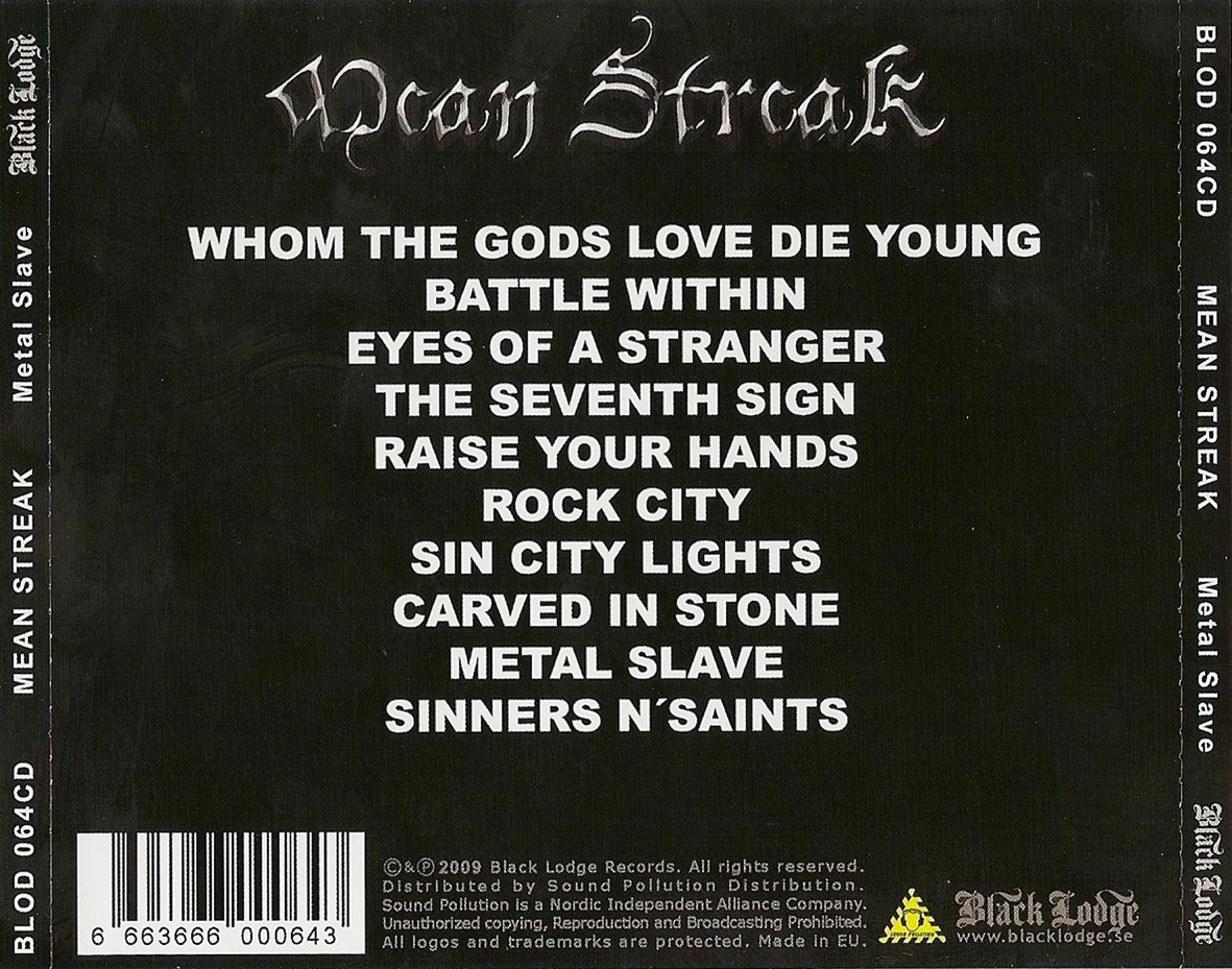 Cartula Trasera de Mean Streak - Metal Slave