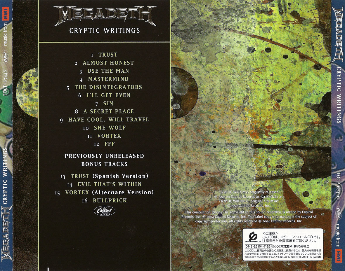 Cartula Trasera de Megadeth - Cryptic Writings (2004)