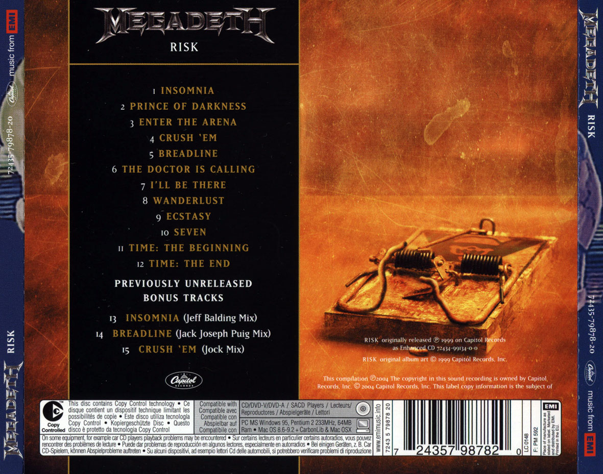 Cartula Trasera de Megadeth - Risk (2004)