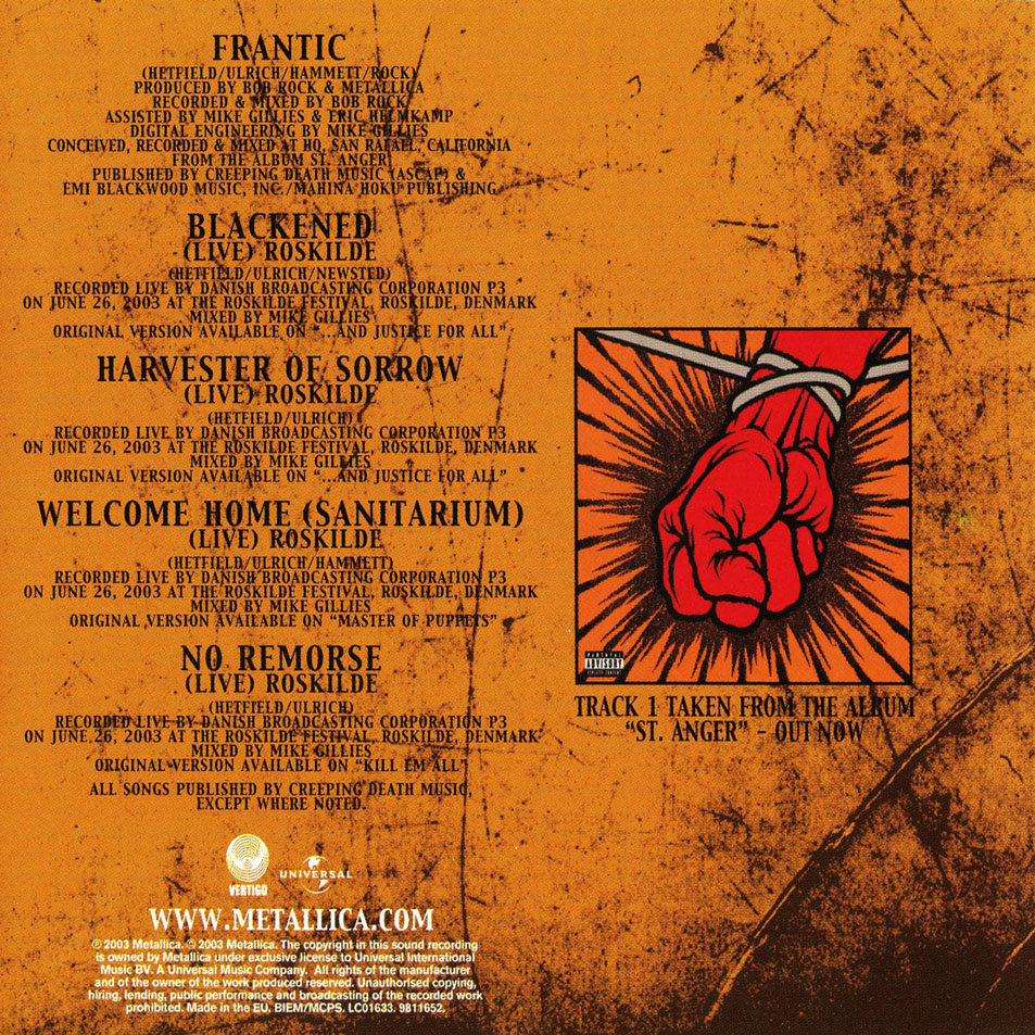 Cartula Interior Frontal de Metallica - Frantic (Cd Single)