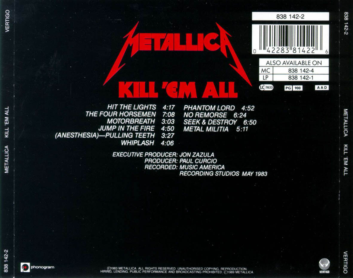 Cartula Trasera de Metallica - Kill 'em All