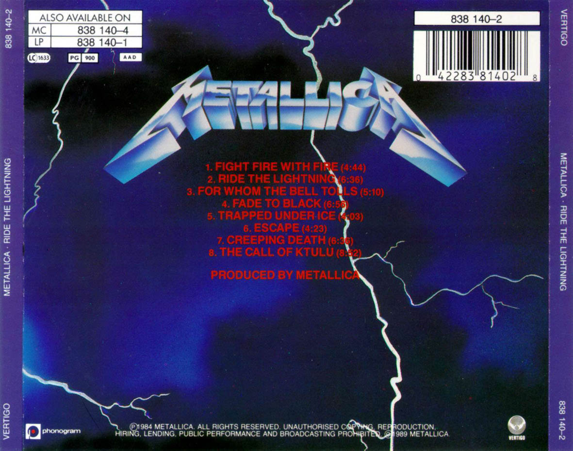 Cartula Trasera de Metallica - Ride The Lightning