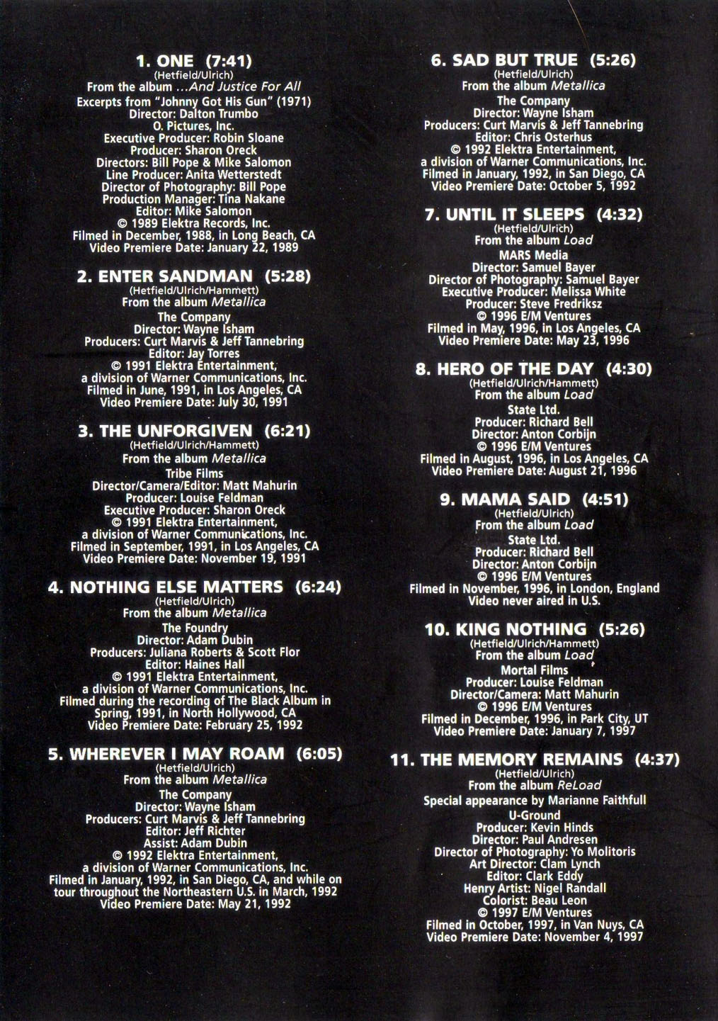Cartula Interior Frontal de Metallica - The Videos 1989-2004 (Dvd)