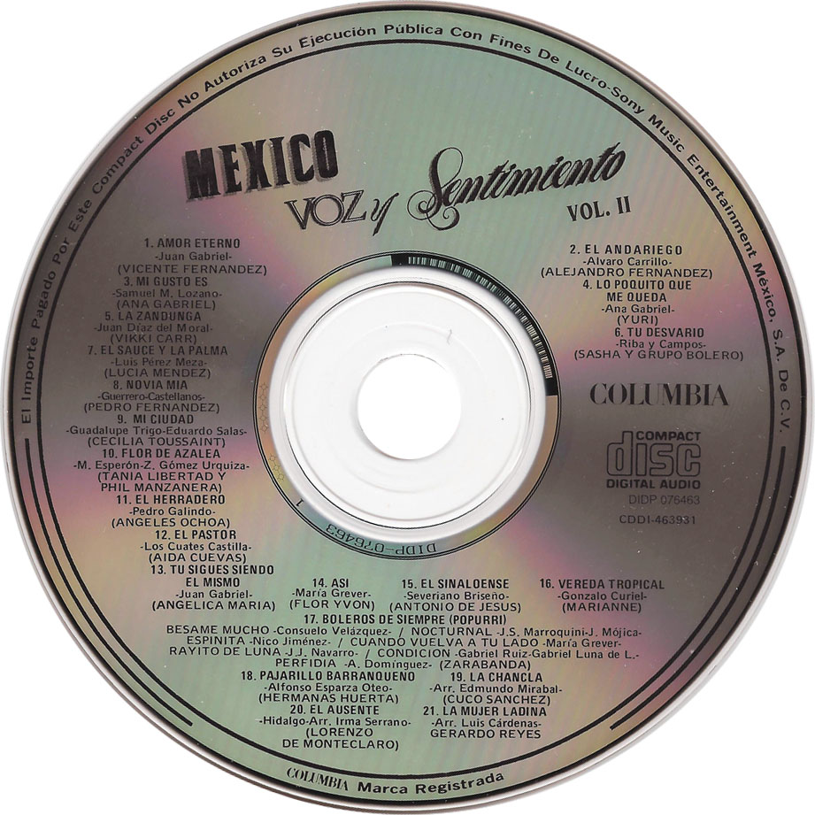 Cartula Cd de Mexico, Voz Y Sentimiento Volumen 2