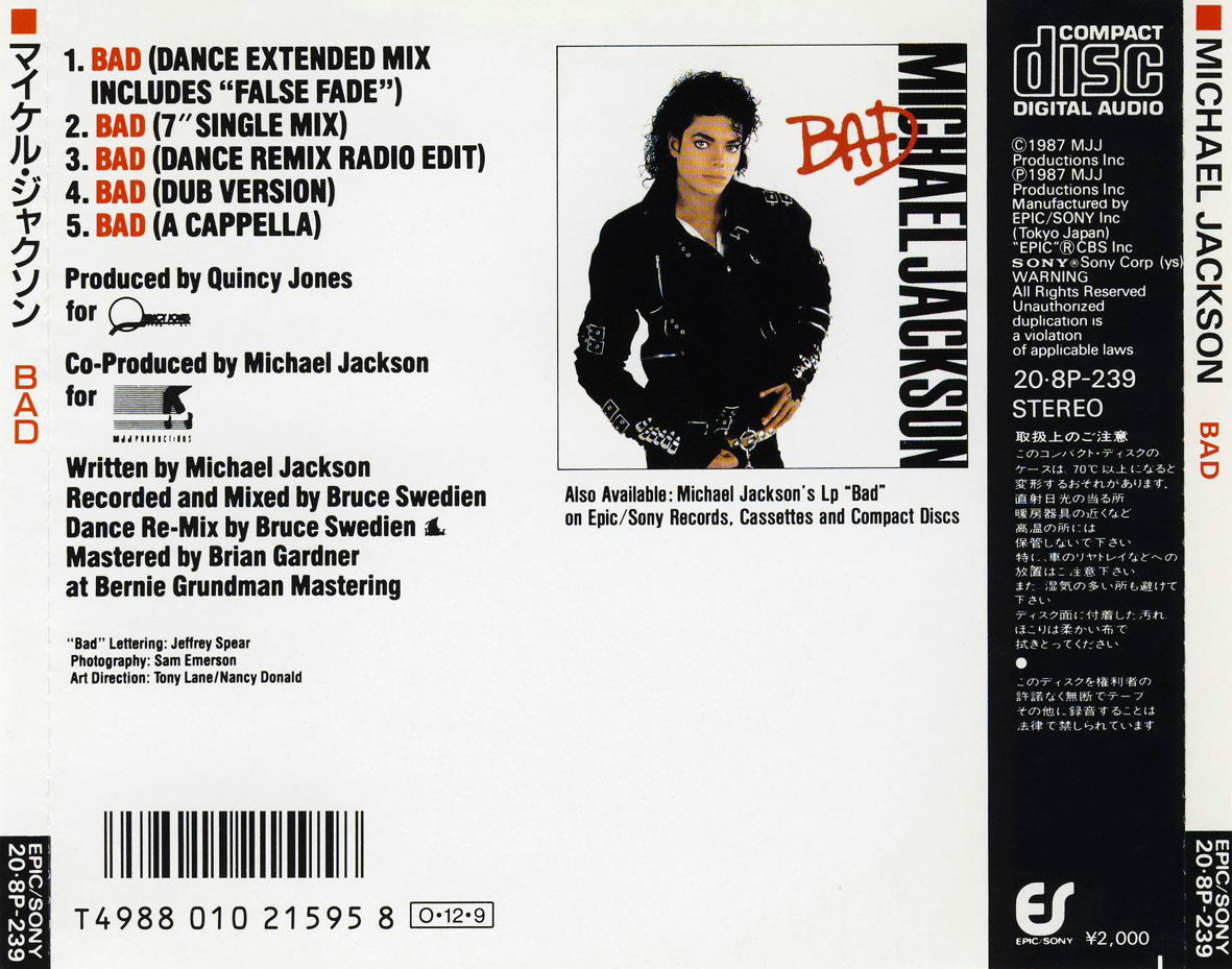 Cartula Trasera de Michael Jackson - Bad (Cd Single)