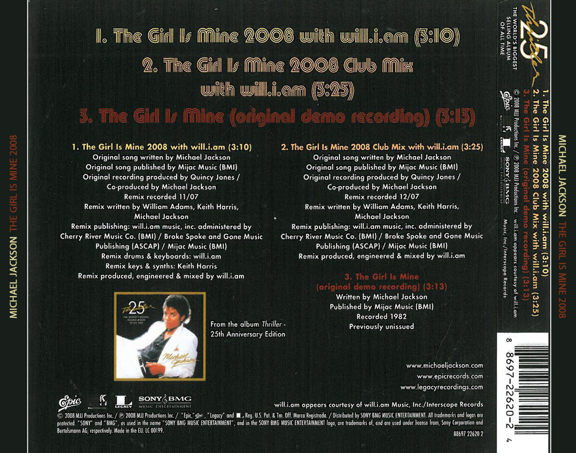 Cartula Trasera de Michael Jackson - The Girl Is Mine 2008 (Featuring Will.i.am) (Cd Single)
