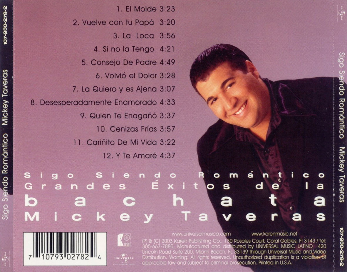 Cartula Trasera de Mickey Taveras - Sigo Siendo Romantico: Grandes Exitos De La Bachata