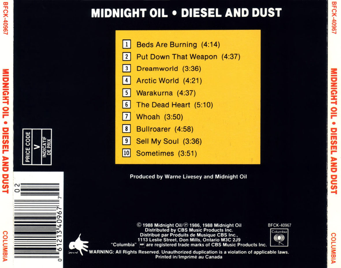 Cartula Trasera de Midnight Oil - Diesel And Dust (1988)