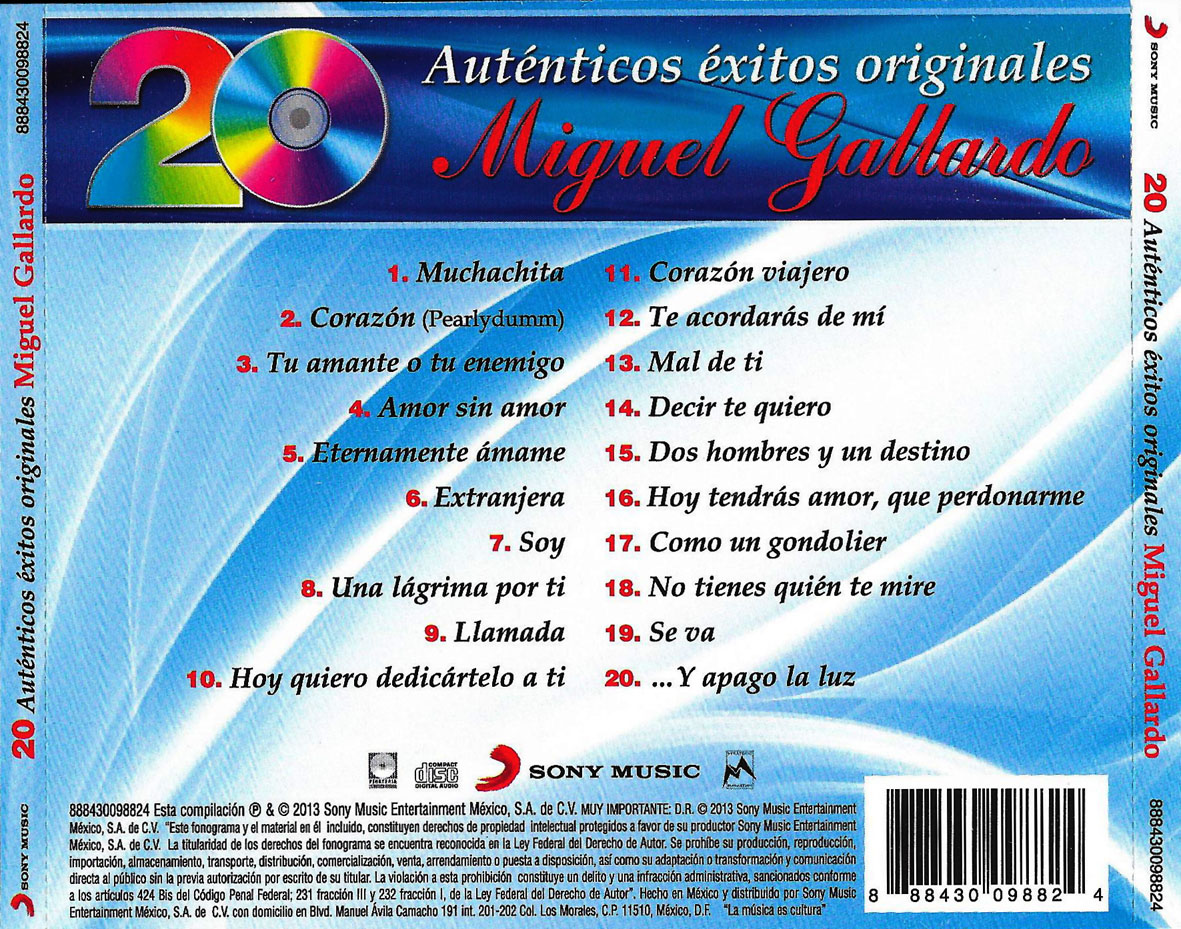 Cartula Trasera de Miguel Gallardo - 20 Autenticos Exitos Originales