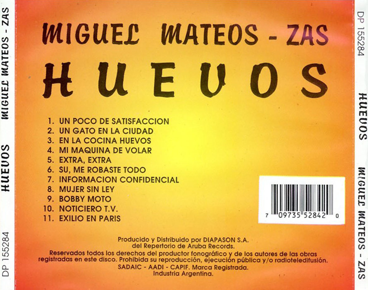 Cartula Trasera de Miguel Mateos Zas - Huevos