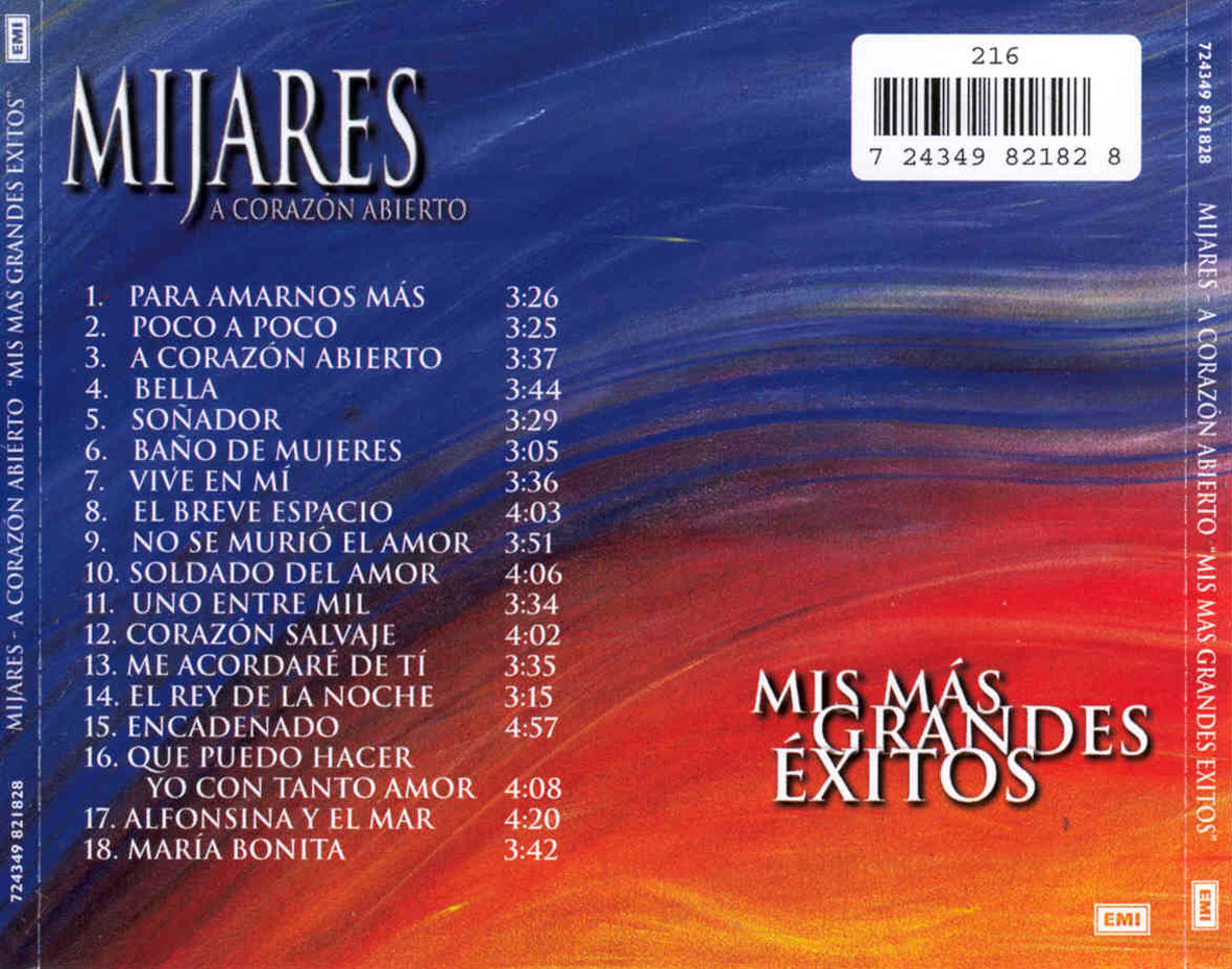 Cartula Trasera de Mijares - A Corazon Abierto: Mis Mas Grandes Exitos