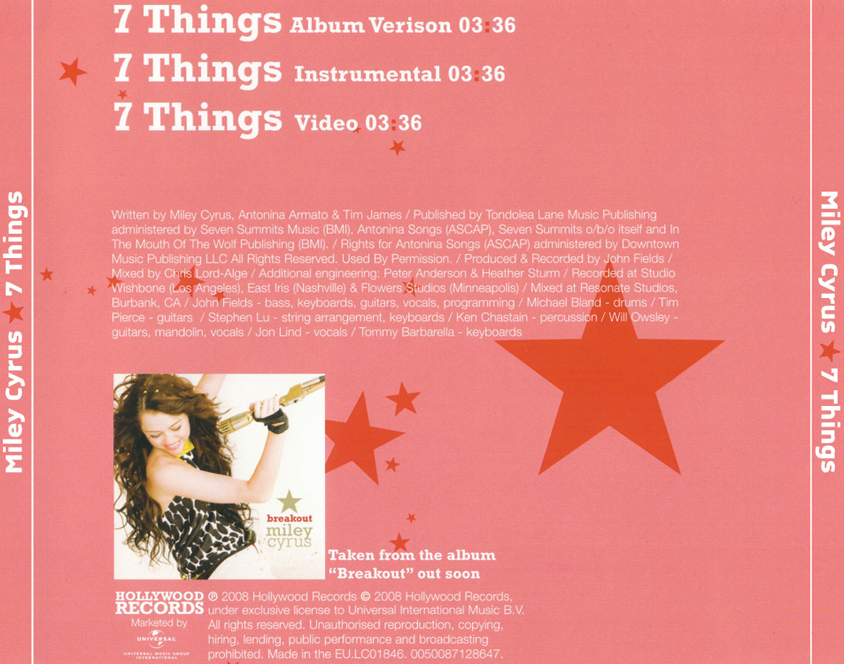 Cartula Trasera de Miley Cyrus - 7 Things (Cd Single)