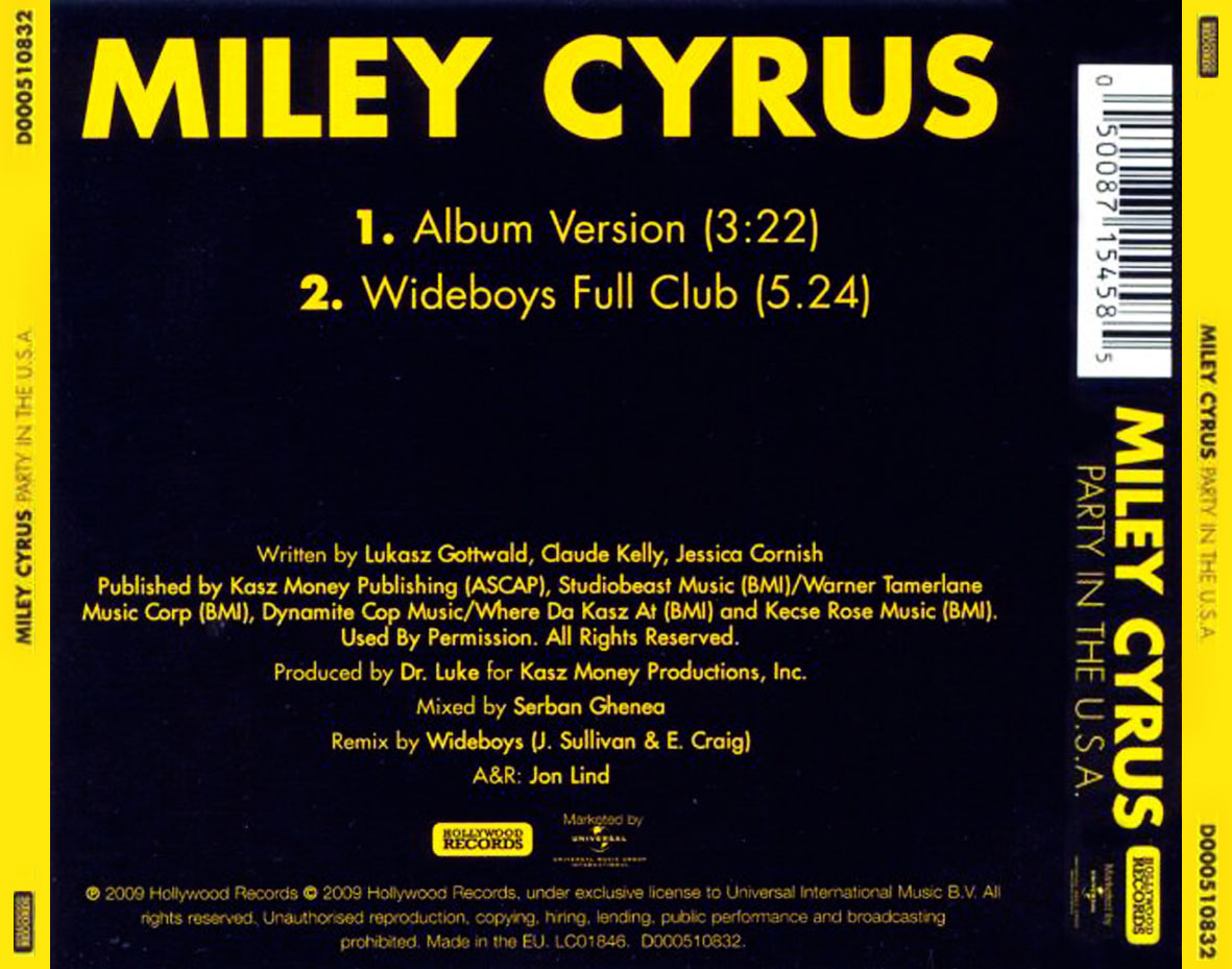Cartula Trasera de Miley Cyrus - Party In The Usa (Cd Single)