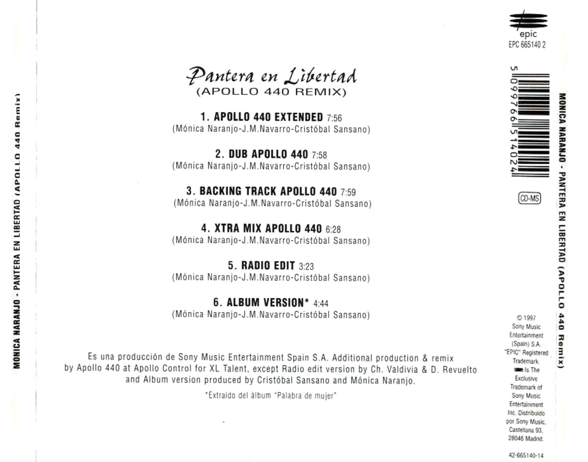 Cartula Trasera de Monica Naranjo - Pantera En Libertad (Apollo 440 Remix) (Cd Single)