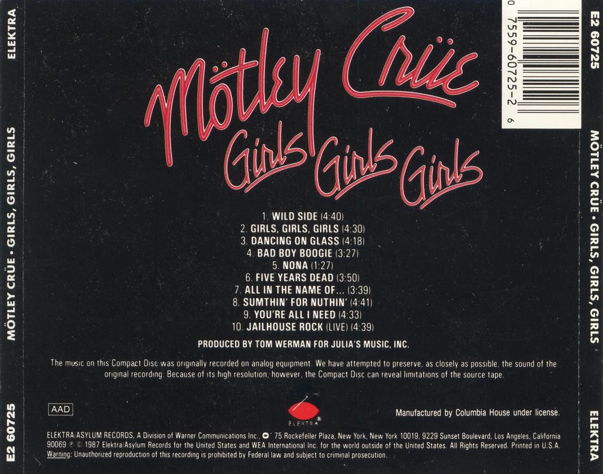 Cartula Trasera de Motley Crue - Girls, Girls, Girls