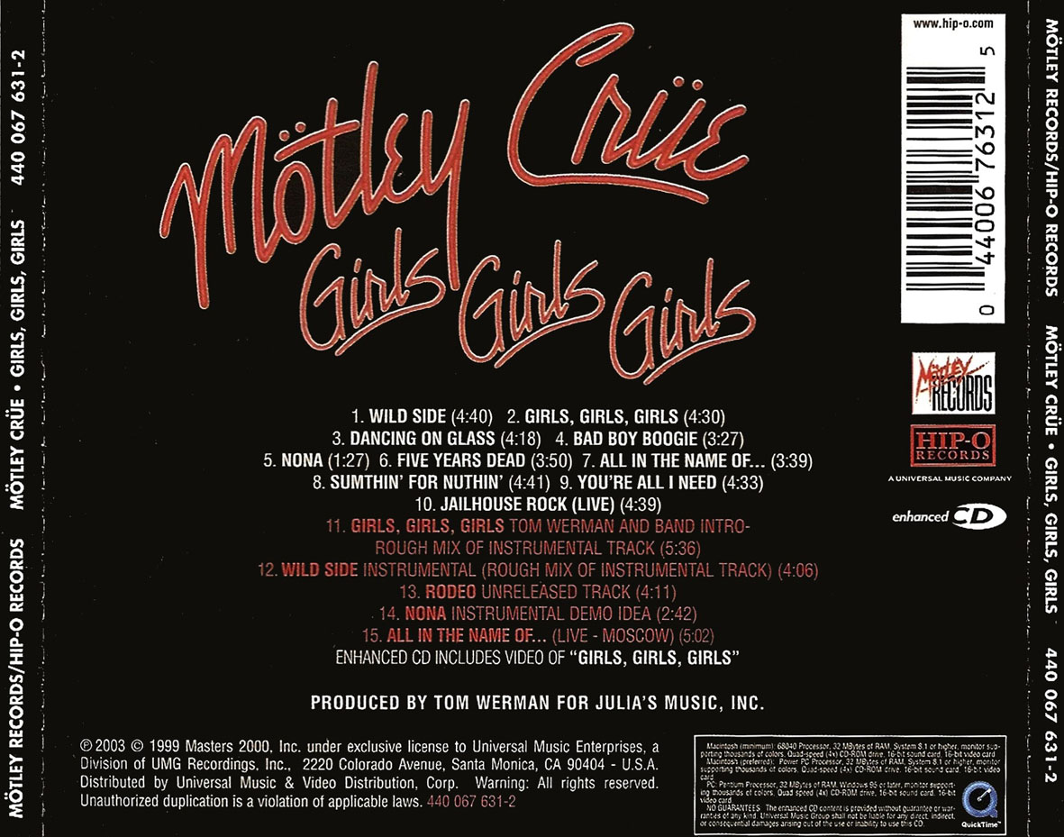 Cartula Trasera de Motley Crue - Girls, Girls, Girls (Special Edition)