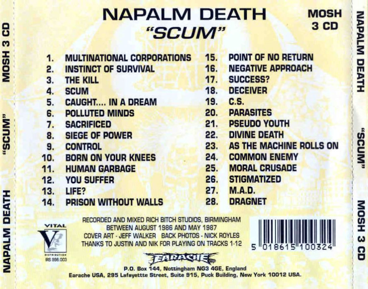 Cartula Trasera de Napalm Death - Scum