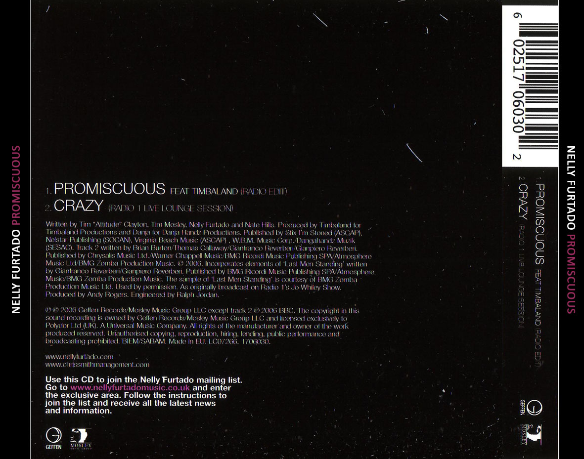 Cartula Trasera de Nelly Furtado - Promiscuous (Featuring Timbaland) (Cd Single)