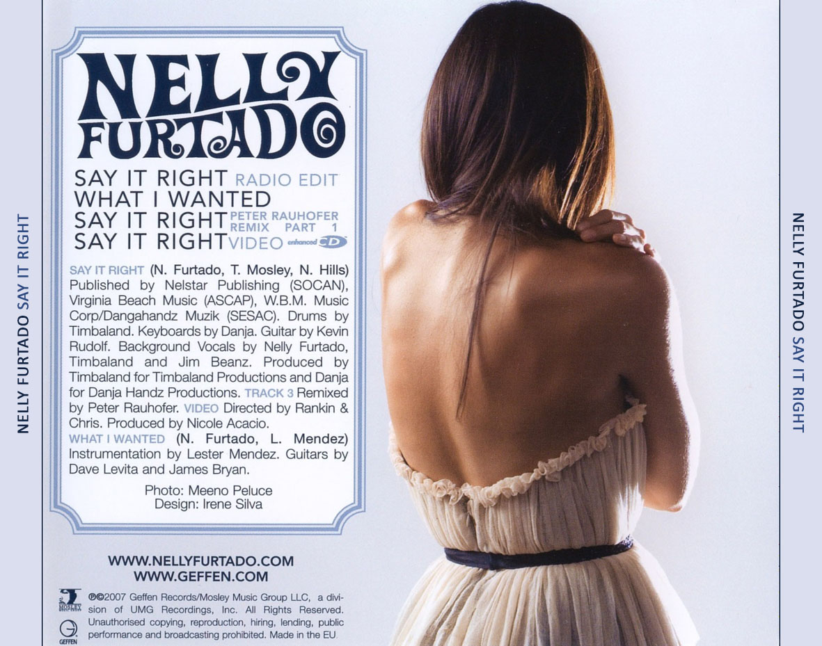 Cartula Trasera de Nelly Furtado - Say It Right (Cd Single)
