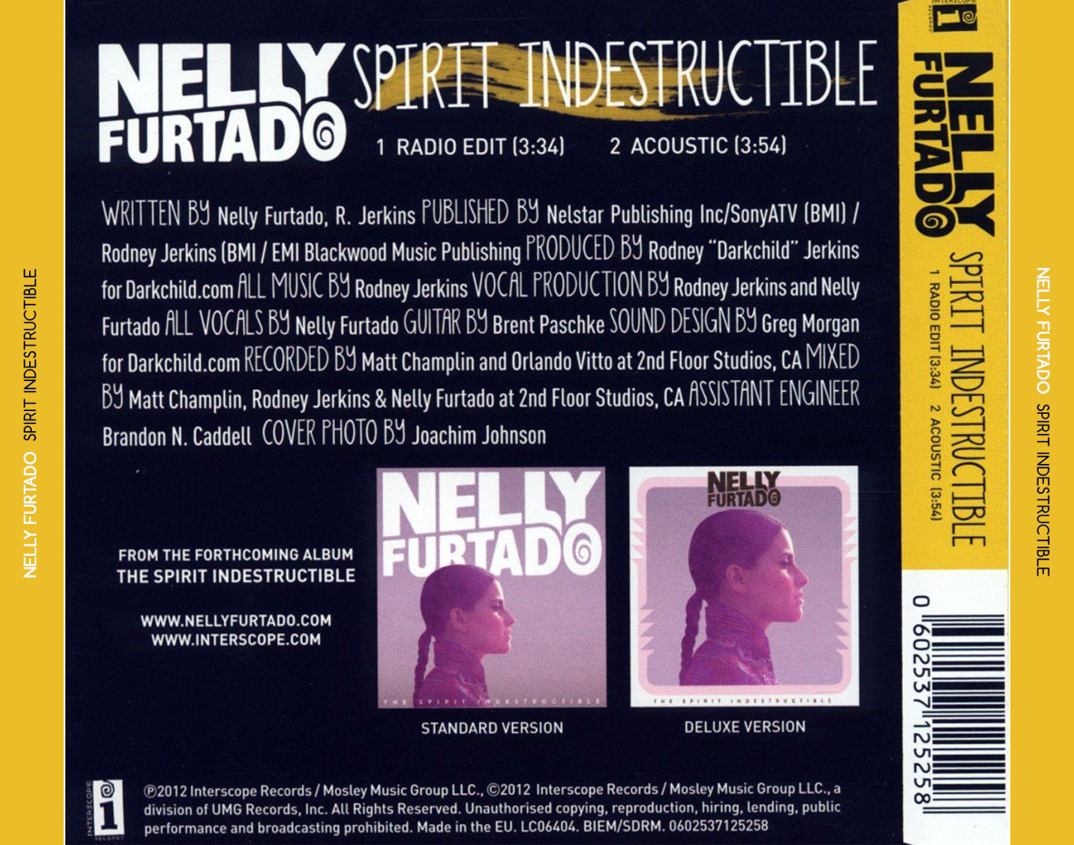Cartula Trasera de Nelly Furtado - Spirit Indestructible (Cd Single)