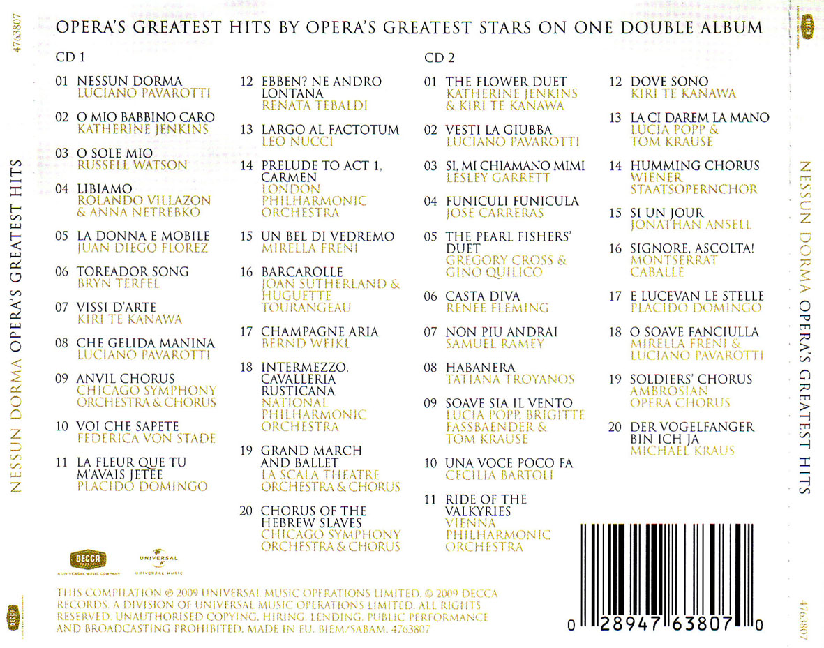 Cartula Trasera de Nessun Dorma: Opera's Greatest Hits