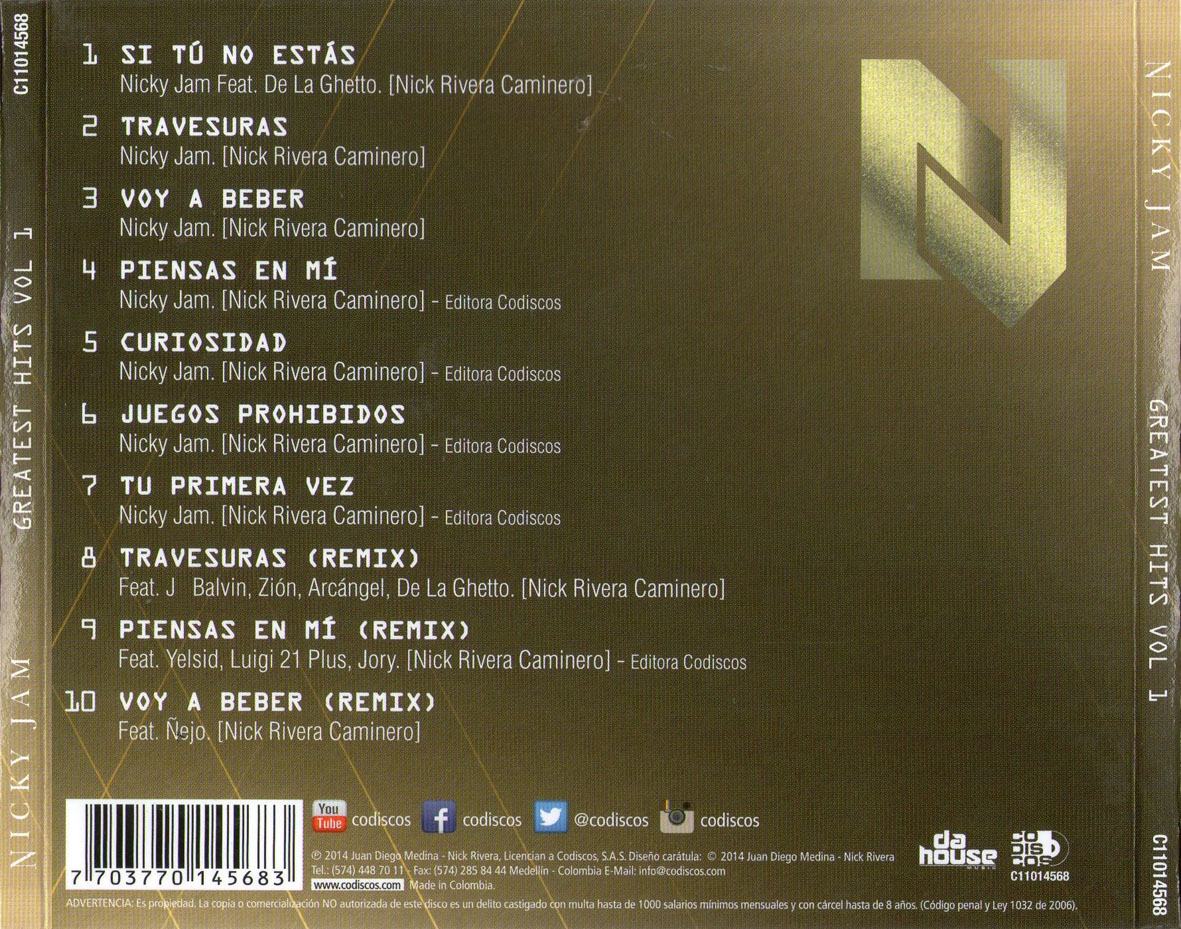 Cartula Trasera de Nicky Jam - Greatest Hits Volumen 1