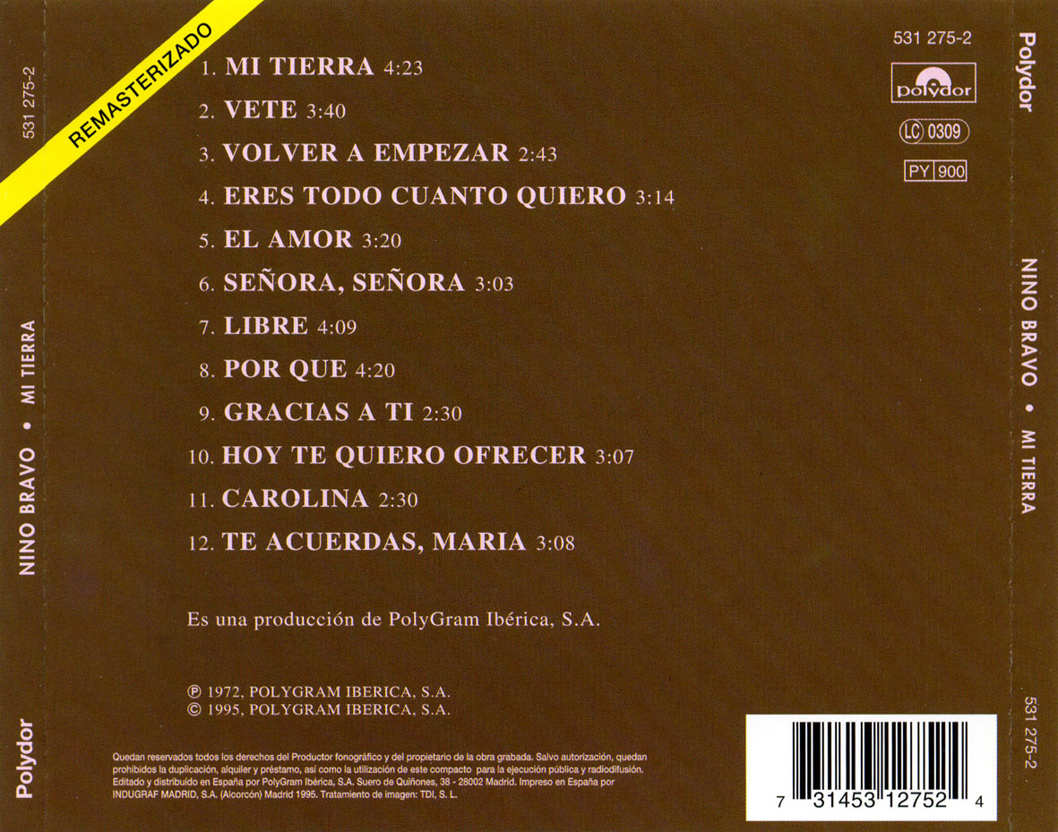 Cartula Trasera de Nino Bravo - Mi Tierra (Remasterizado)