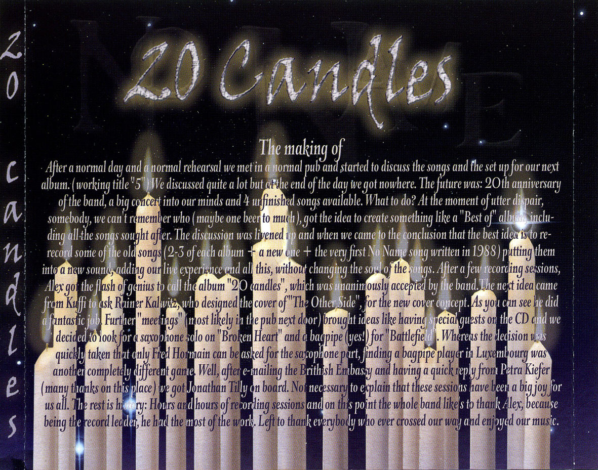 Cartula Interior Trasera de No Name - 20 Candles