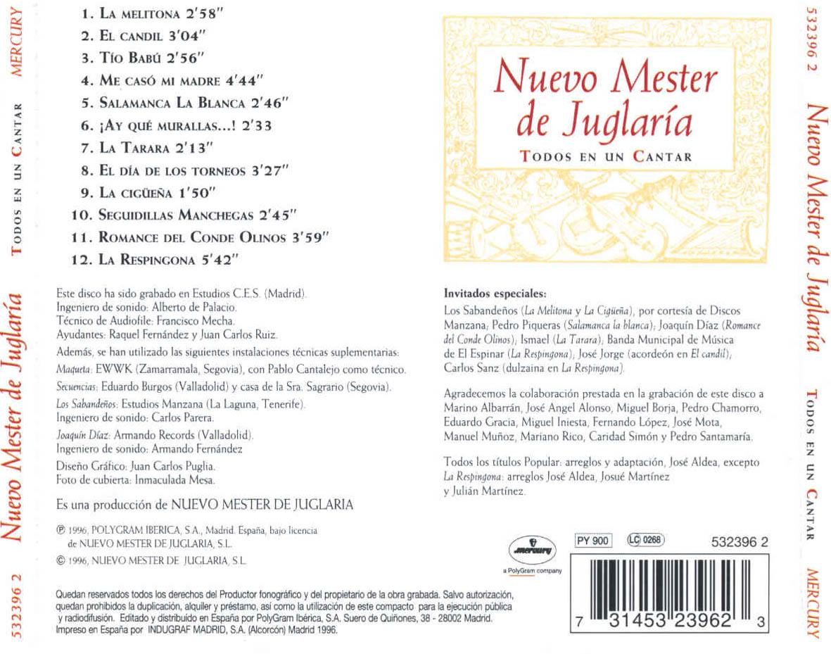 Cartula Trasera de Nuevo Mester De Juglaria - Todos En Un Cantar