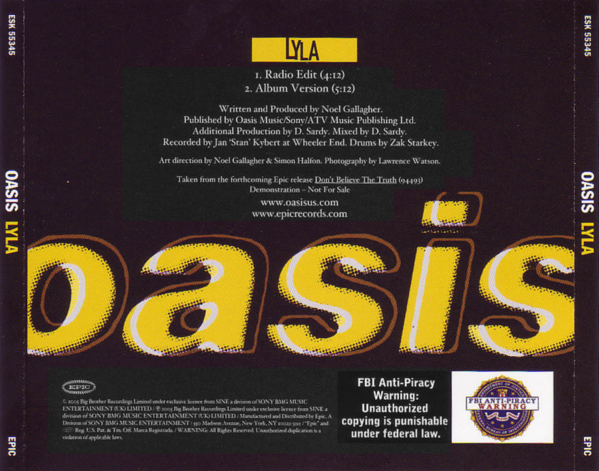 Cartula Trasera de Oasis - Lyla (Cd Single)