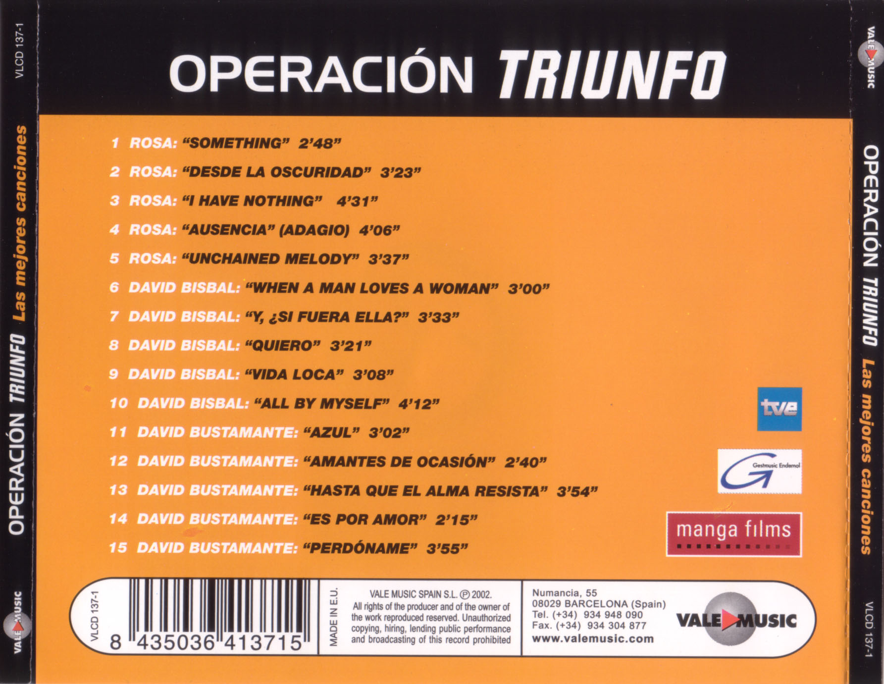 Cartula Trasera de Operacion Triunfo 2001-2002 Las Mejores Canciones