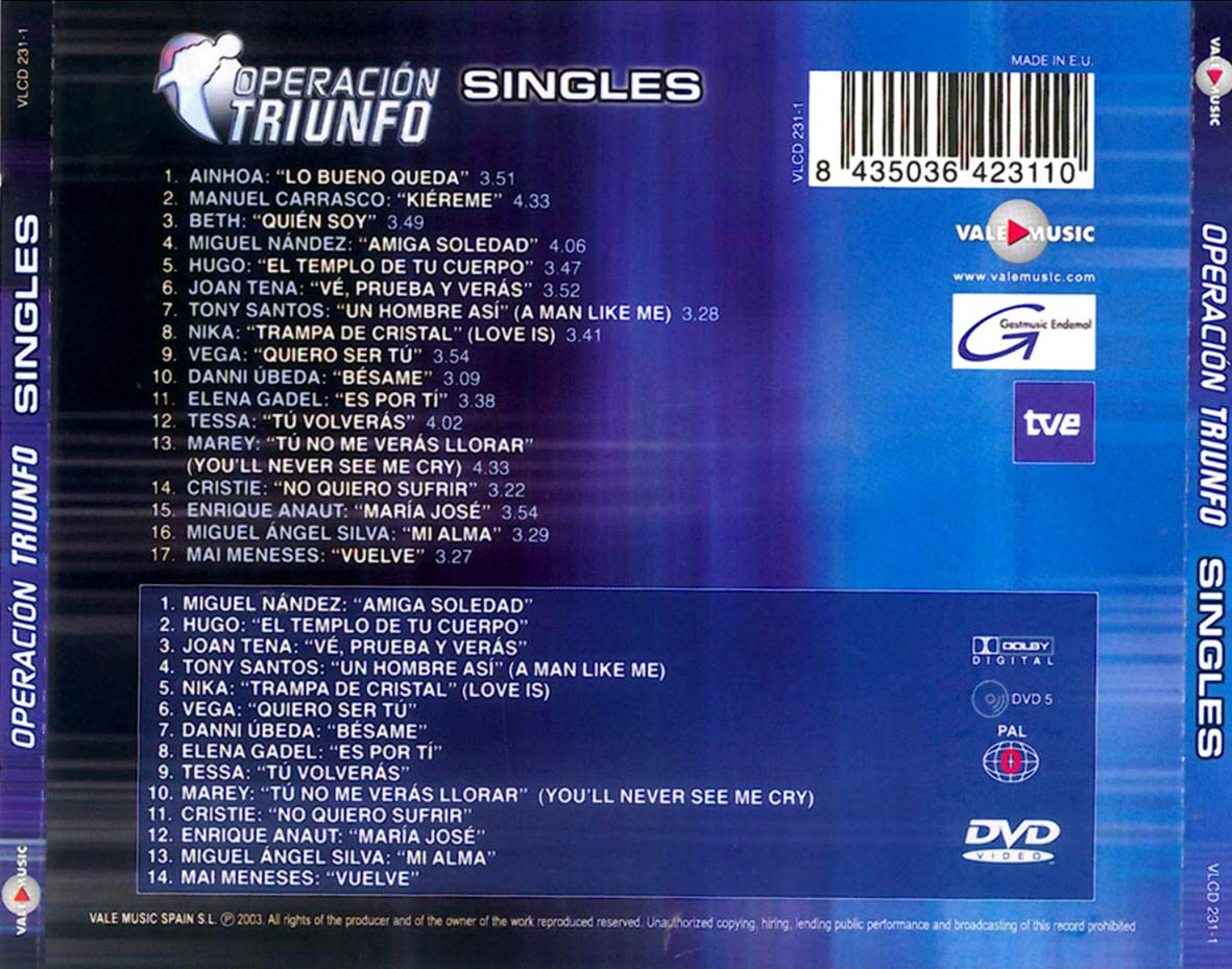 Cartula Trasera de Operacion Triunfo 2002-2003 Singles