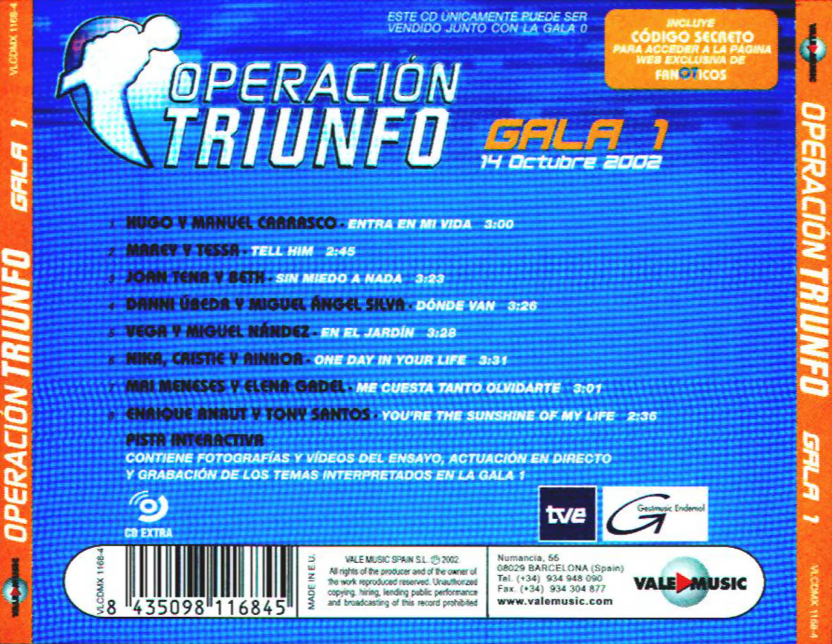 Cartula Trasera de Operacion Triunfo 2002-2003 Gala 1