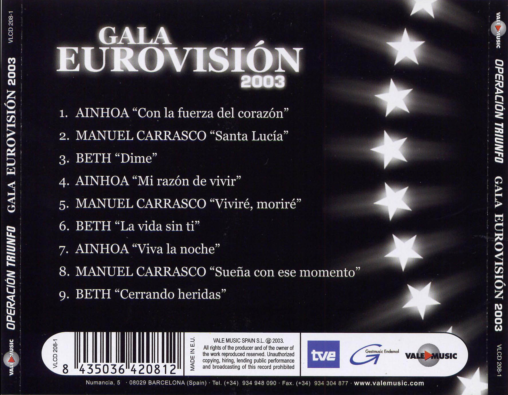 Cartula Trasera de Operacion Triunfo 2002-2003 Gala Eurovision