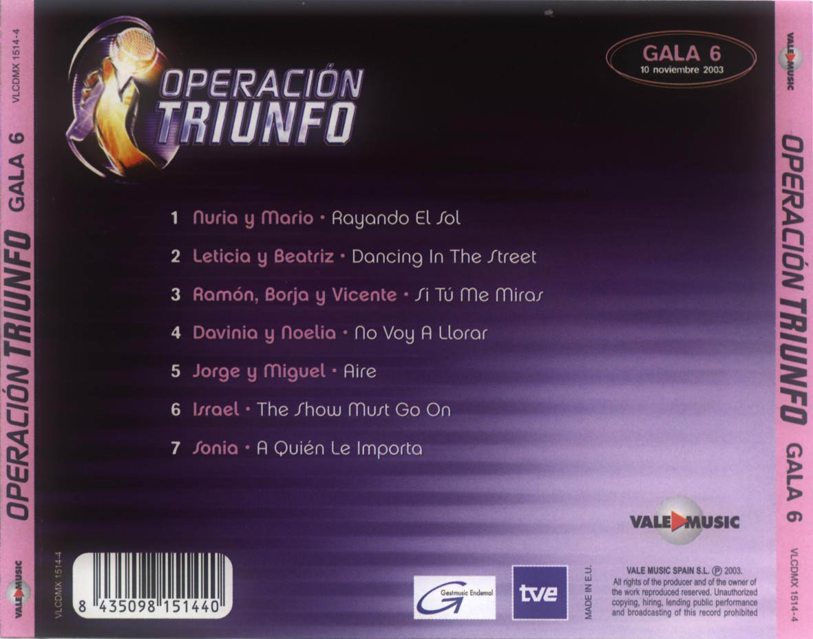 Cartula Trasera de Operacion Triunfo 2003-2004 Gala 6