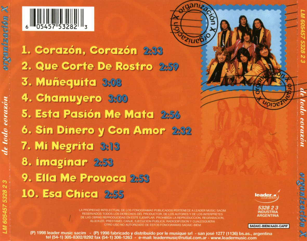 Cartula Trasera de Organizacion X - De Todo Corazon