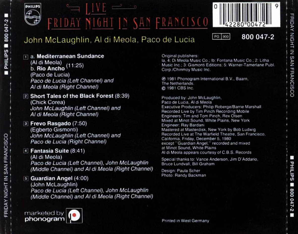 Cartula Trasera de Paco De Lucia John Mclaughlin Al Di Meola - Friday Night In San Francisco