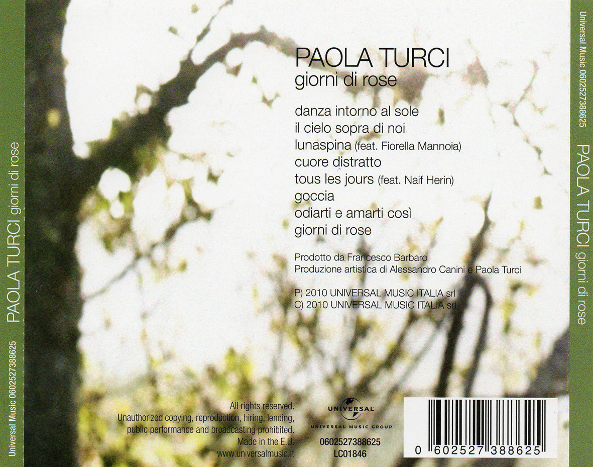 Cartula Trasera de Paola Turci - Giorni Di Rose