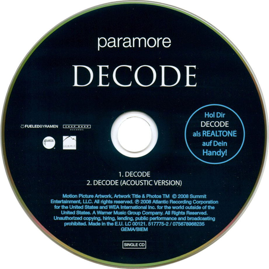 Cartula Cd de Paramore - Decode (Cd Single)