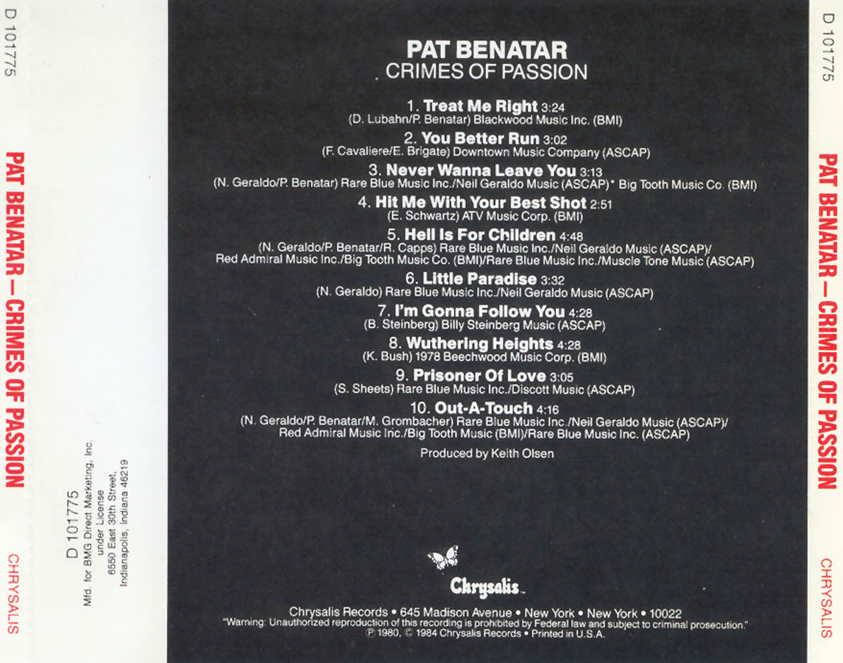 Cartula Trasera de Pat Benatar - Crimes Of Passion